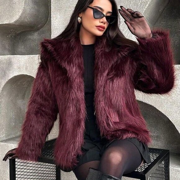 Burgundy Casual Women's Ladies Luxury Coat Warm Fluffy faux fur Coat - Picture 7 of 8